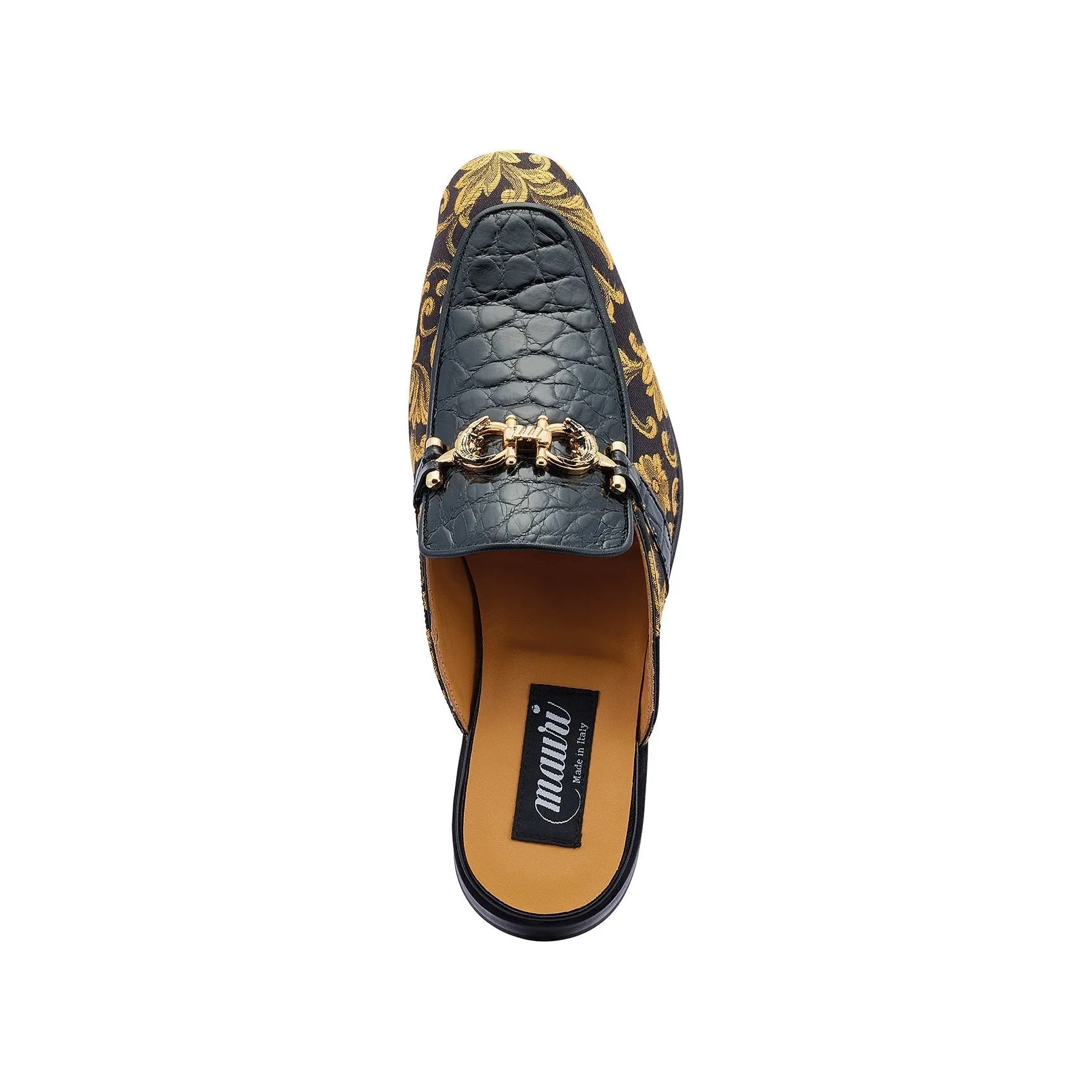 Mauri Bermuda in Black Mens Exotic Ostrich Leg / Gobelins Fabric High End Horsebit Mules