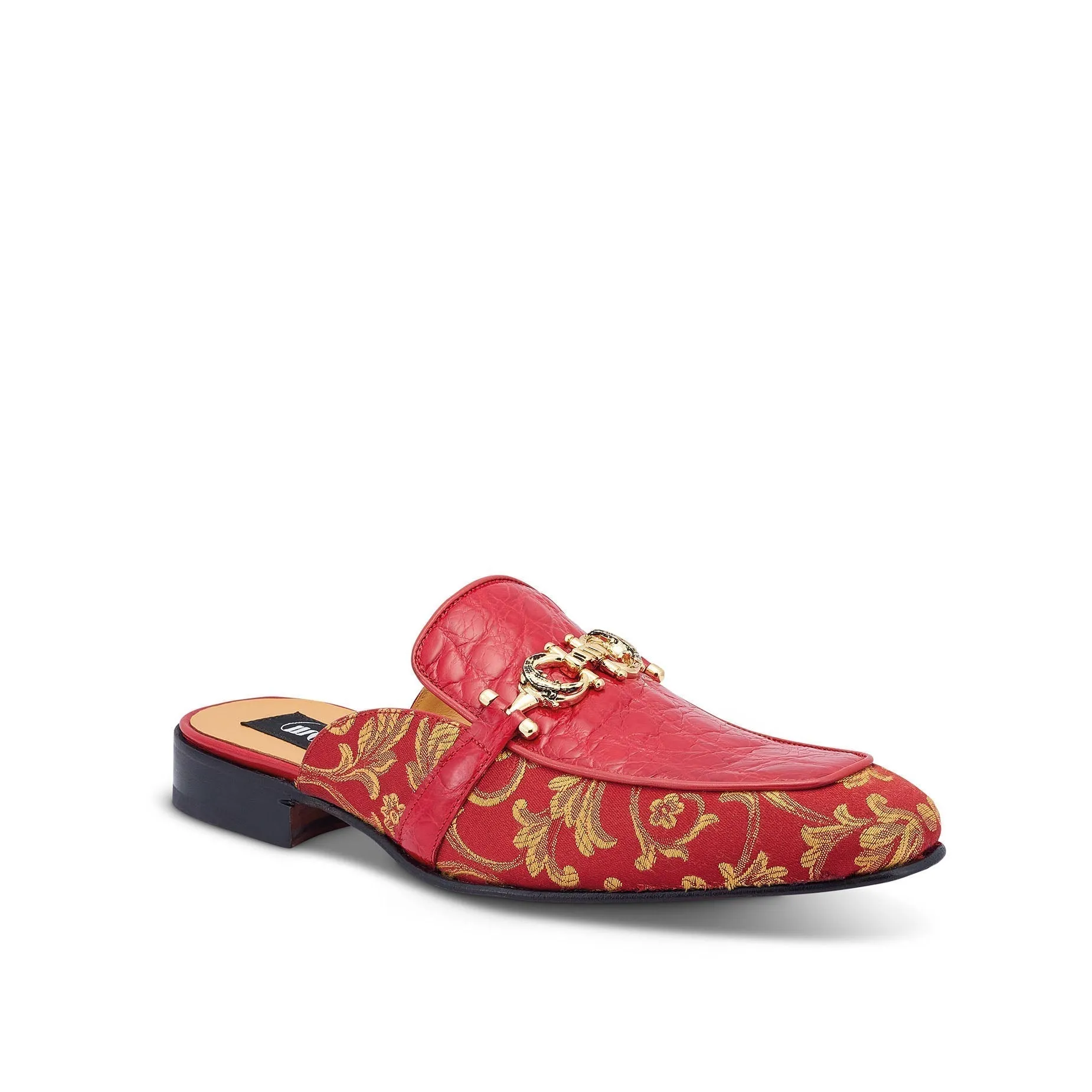 Mauri Bermuda in Red Mens Exotic Alligator / Gobelins Fabric High End Horsebit Mules
