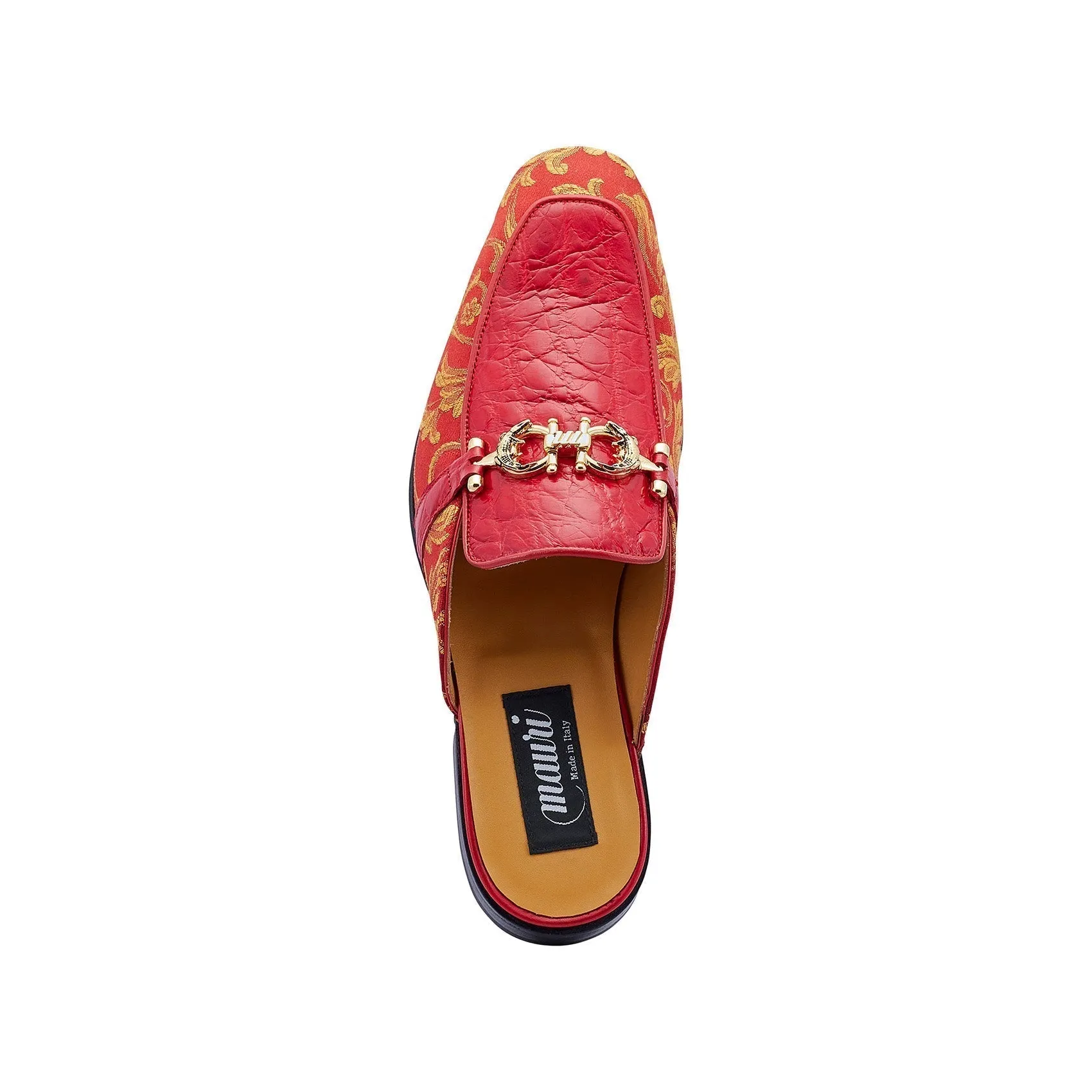 Mauri Bermuda in Red Mens Exotic Alligator / Gobelins Fabric High End Horsebit Mules