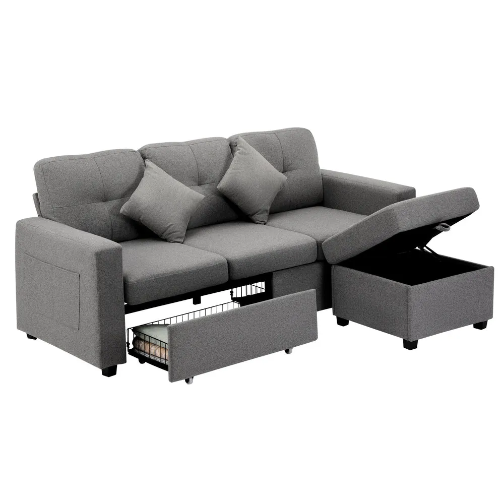 MEX 3 Seater Chaise Modular Couch Drawers Ottoman Fabric