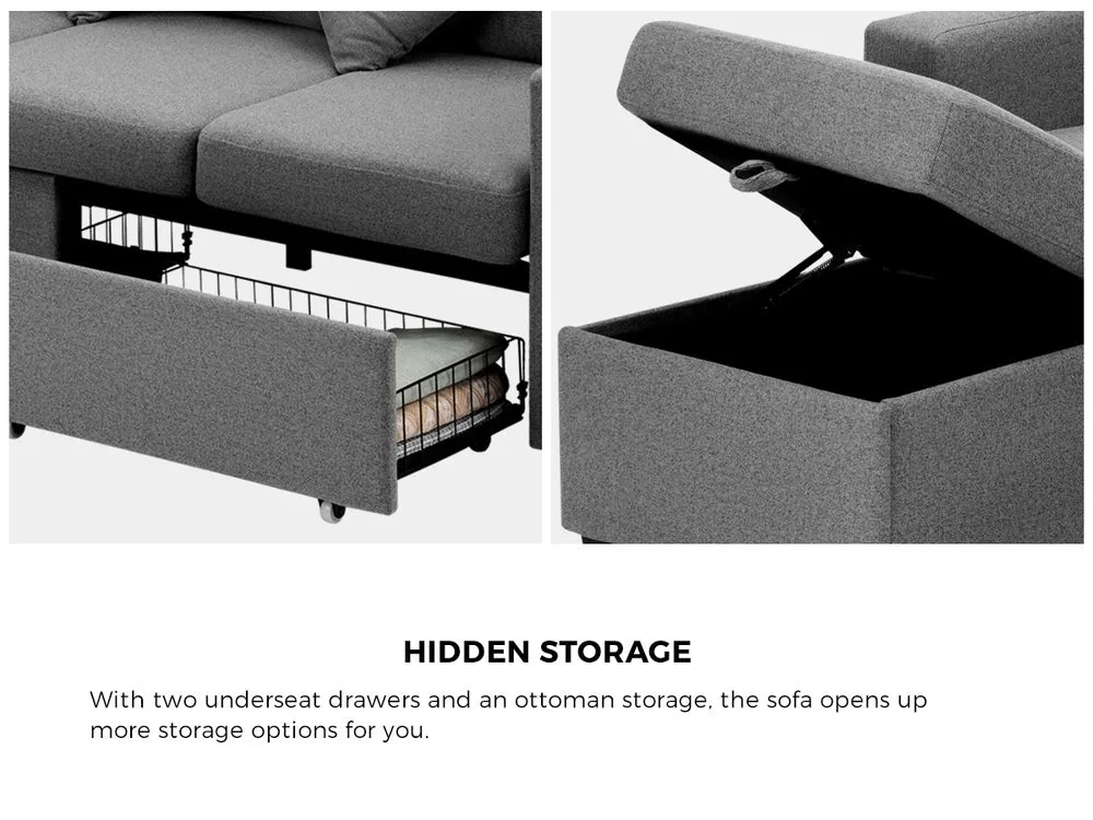 MEX 3 Seater Chaise Modular Couch Drawers Ottoman Fabric