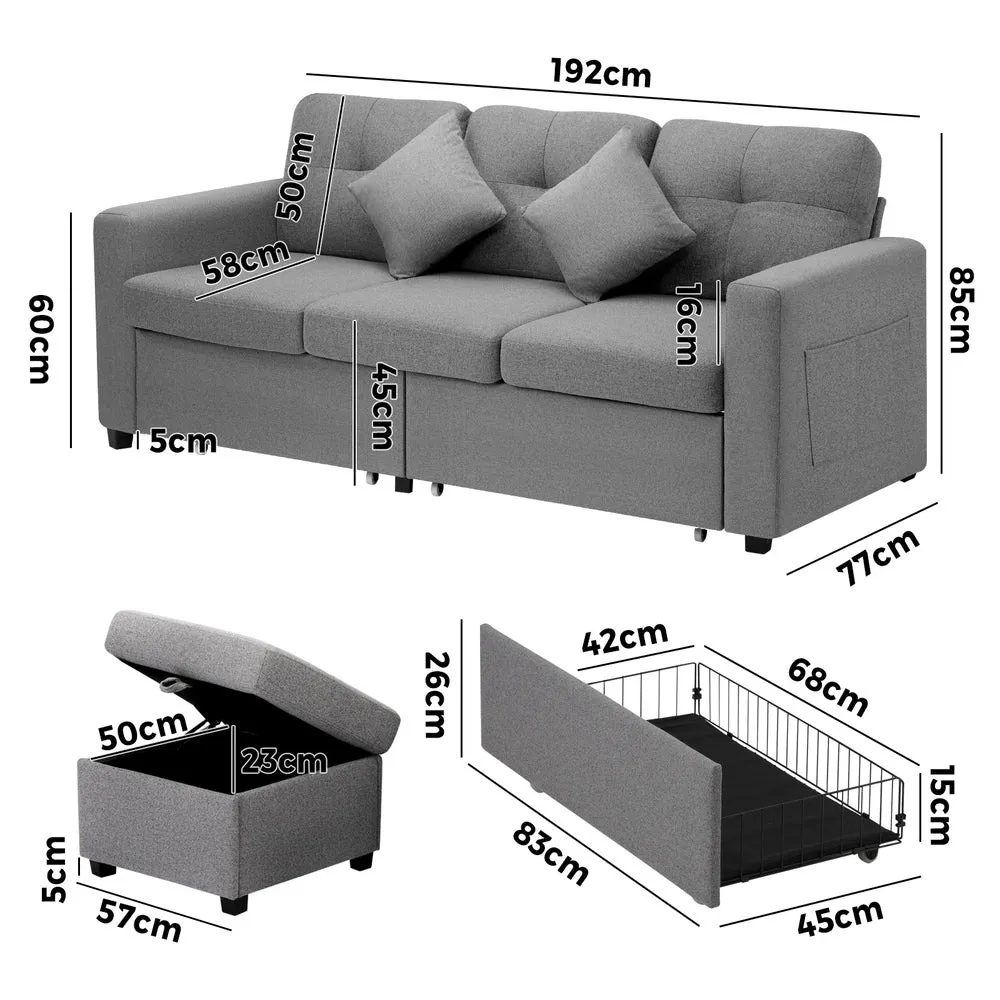 MEX 3 Seater Chaise Modular Couch Drawers Ottoman Fabric