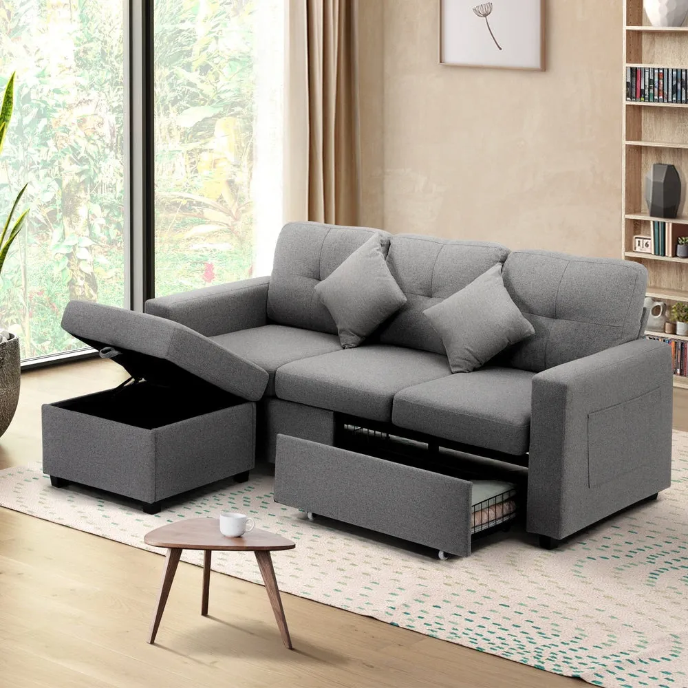 MEX 3 Seater Chaise Modular Couch Drawers Ottoman Fabric