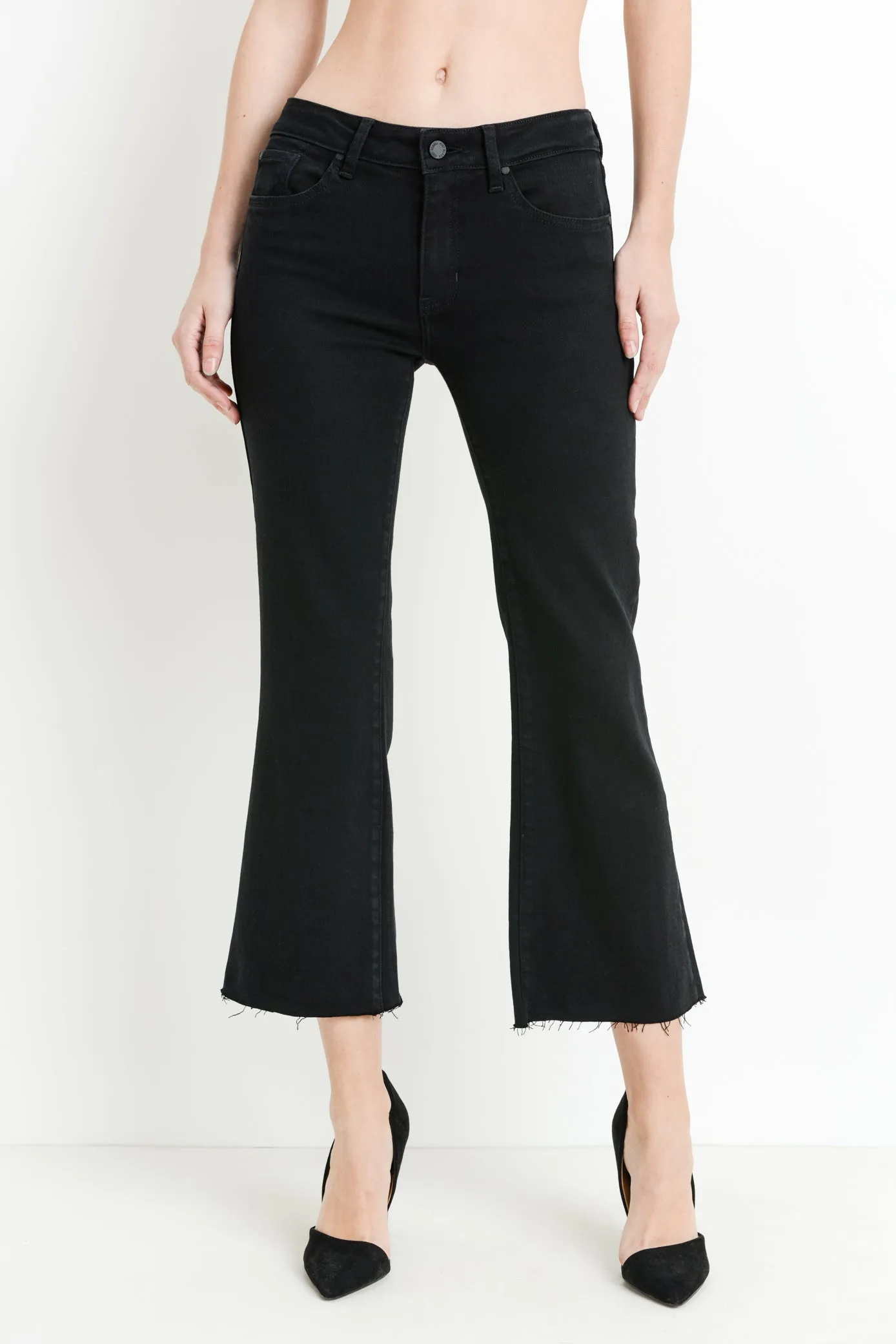 Mid Rise Raw Hem Stretch Side Flare Cropped Denim Pants