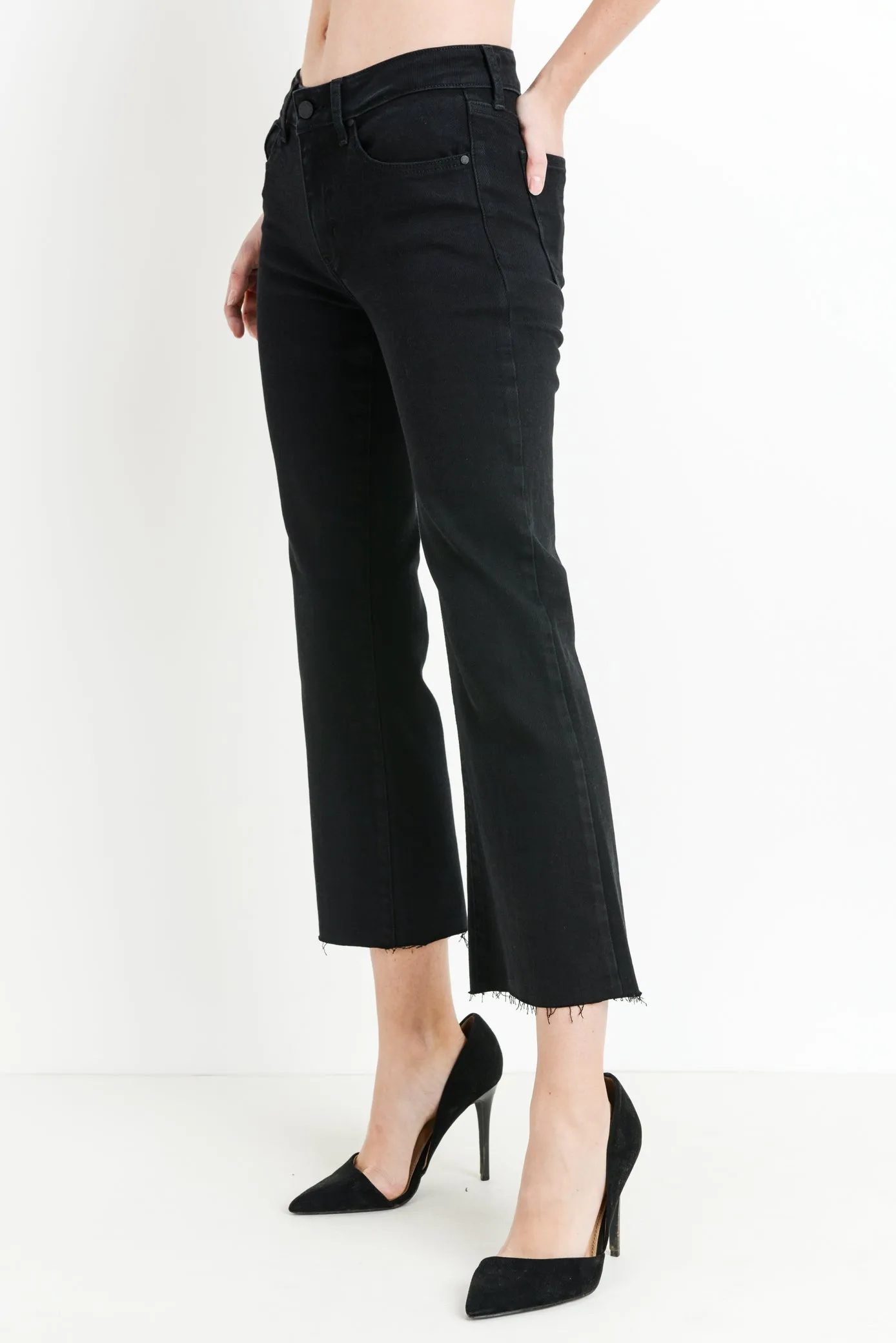 Mid Rise Raw Hem Stretch Side Flare Cropped Denim Pants