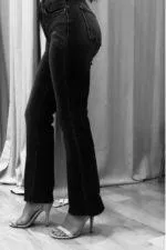 Mid Rise Raw Hem Stretch Side Flare Cropped Denim Pants