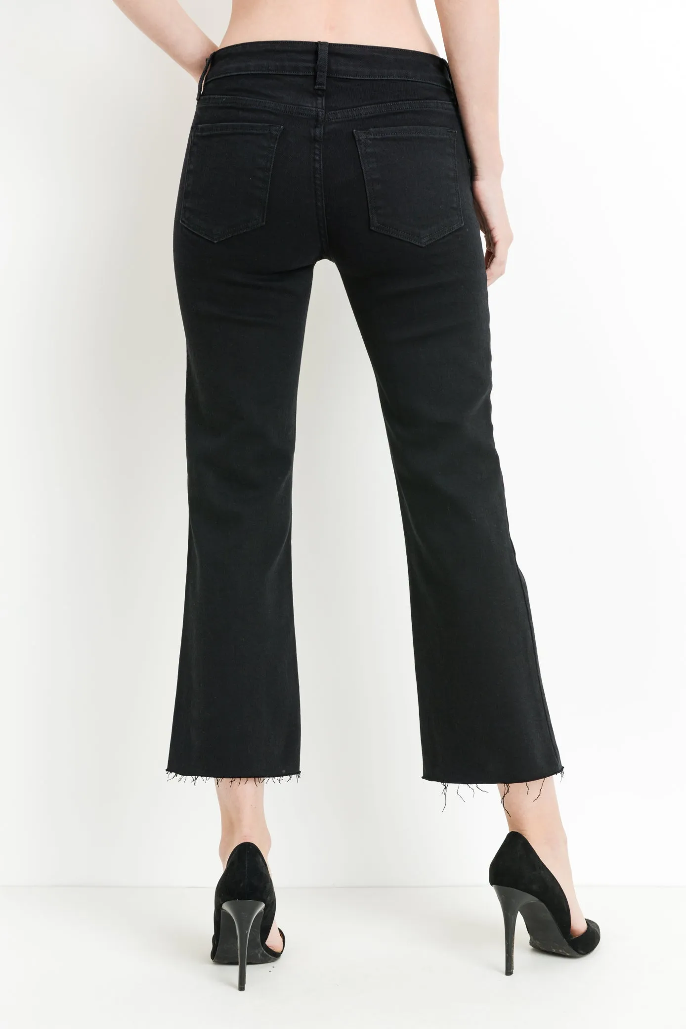 Mid Rise Raw Hem Stretch Side Flare Cropped Denim Pants