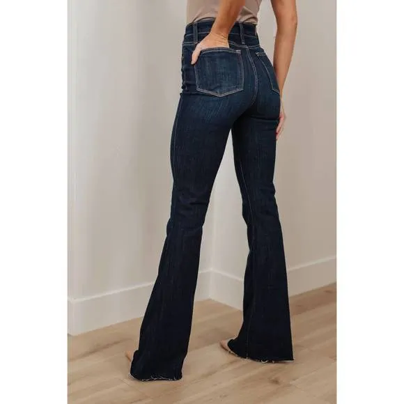 NEW JUDY BLUE high rise raw hem flare jeans in dark wash