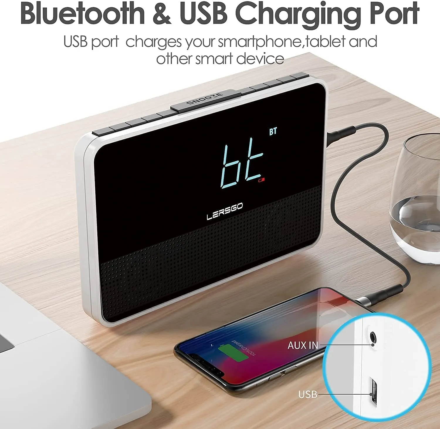 New LERSGO Clock Radio luckone Bluetooth Speaker with HD Sound and Bass,1.4 Inch Blue Display with Dimmer,Dual Alarm,Snooze,Volume, Sleep Timer,Alarm Clock for Bedroom with USB Charging Port