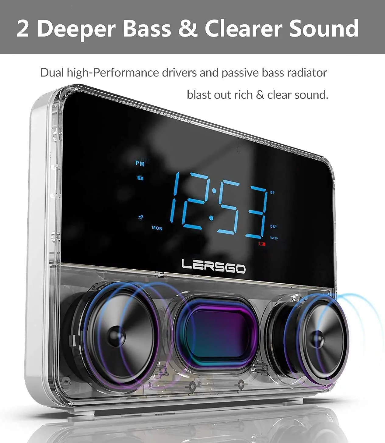 New LERSGO Clock Radio luckone Bluetooth Speaker with HD Sound and Bass,1.4 Inch Blue Display with Dimmer,Dual Alarm,Snooze,Volume, Sleep Timer,Alarm Clock for Bedroom with USB Charging Port