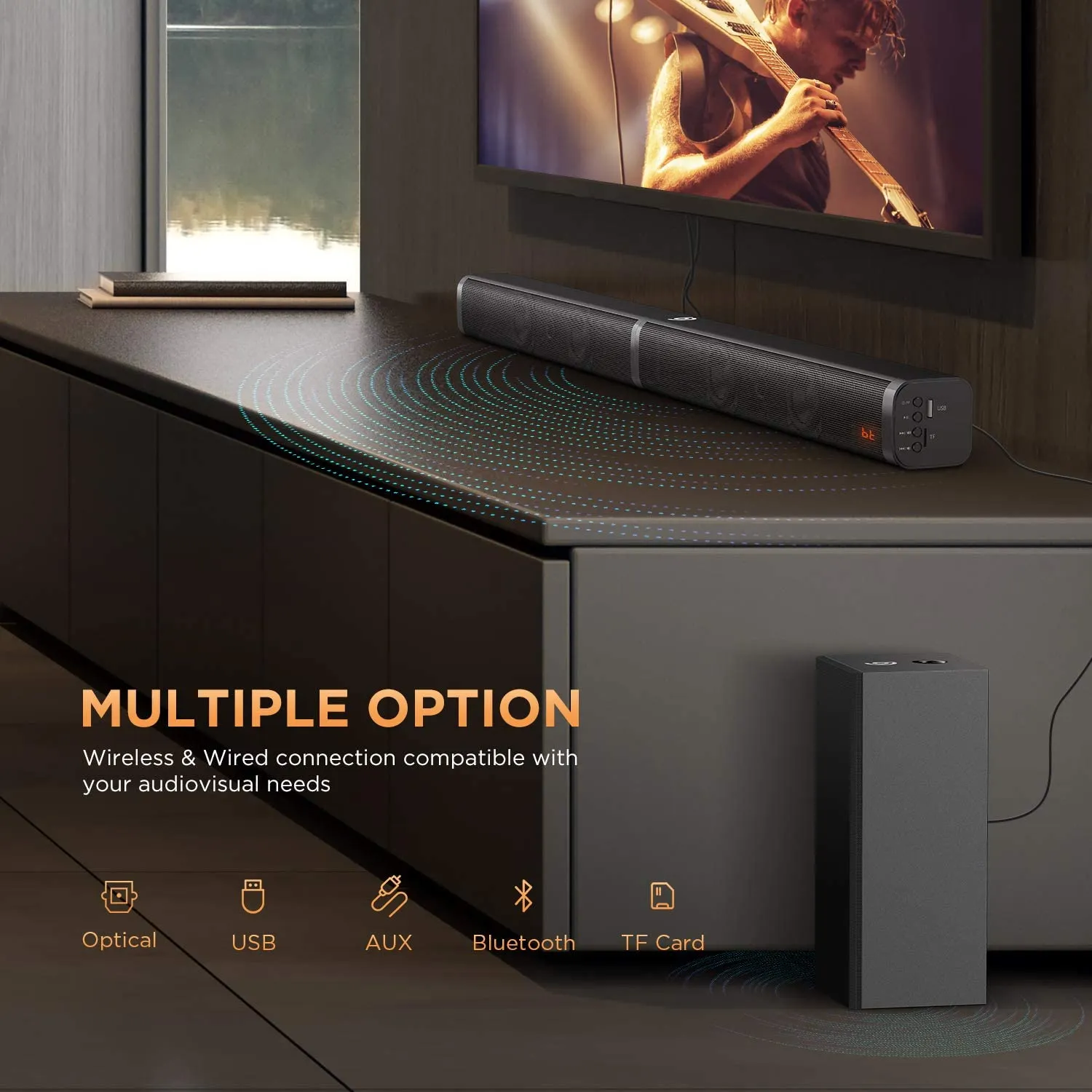 New was store display! Tested sounds great! Bomaker 2.1 Slim TV Sound Bar, Sound Bar with Subwoofer, 110dB/100W, 5 EQ Modes, 31 Inch! Includes Remote! No Box, No manual!