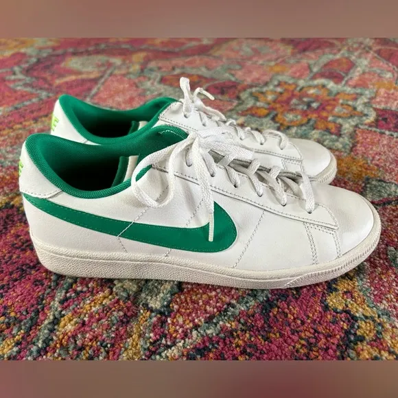Nike | Men’s white Court Royale lace up sneakers, green swoosh, neon ankle tab 6