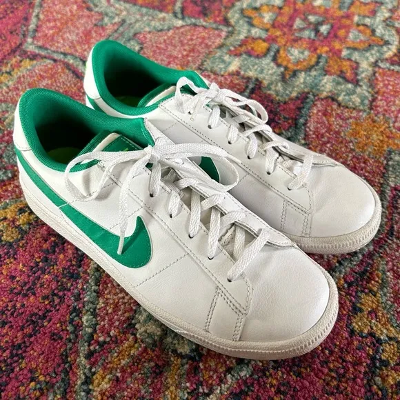 Nike | Men’s white Court Royale lace up sneakers, green swoosh, neon ankle tab 6