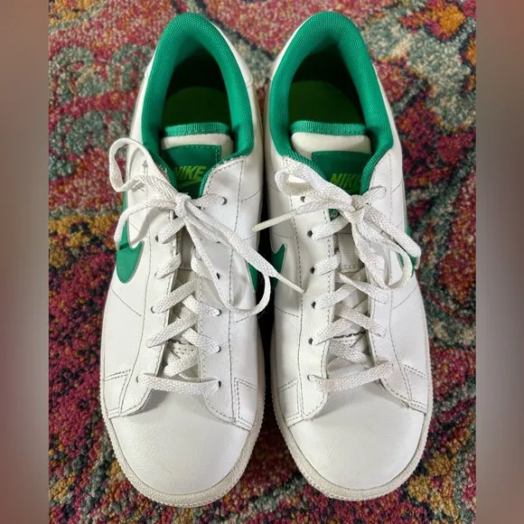 Nike | Men’s white Court Royale lace up sneakers, green swoosh, neon ankle tab 6