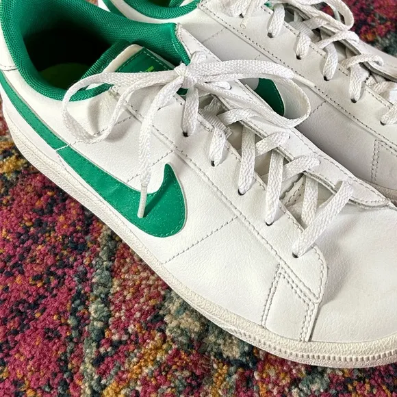 Nike | Men’s white Court Royale lace up sneakers, green swoosh, neon ankle tab 6