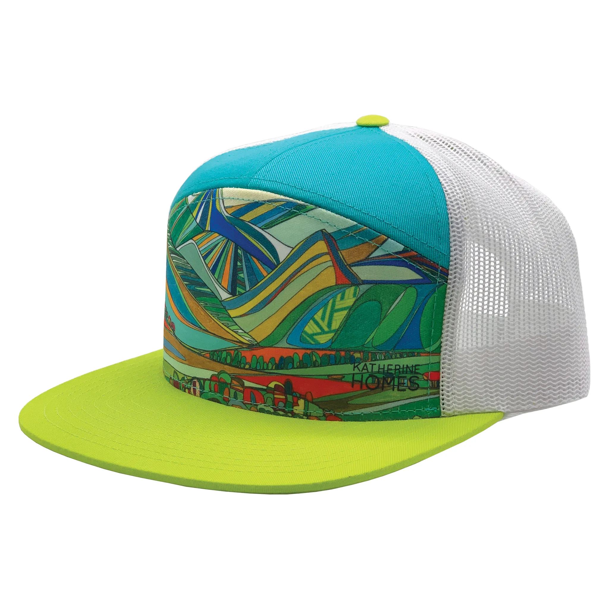 Oh Be Joyful Mountain | 7 Panel Hat | Lime | Aqua | White 100% Recycled Mesh