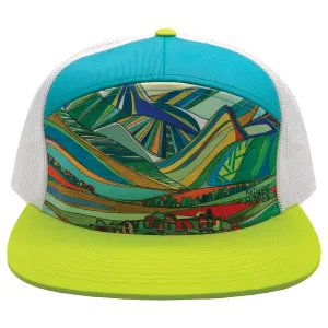 Oh Be Joyful Mountain | 7 Panel Hat | Lime | Aqua | White 100% Recycled Mesh