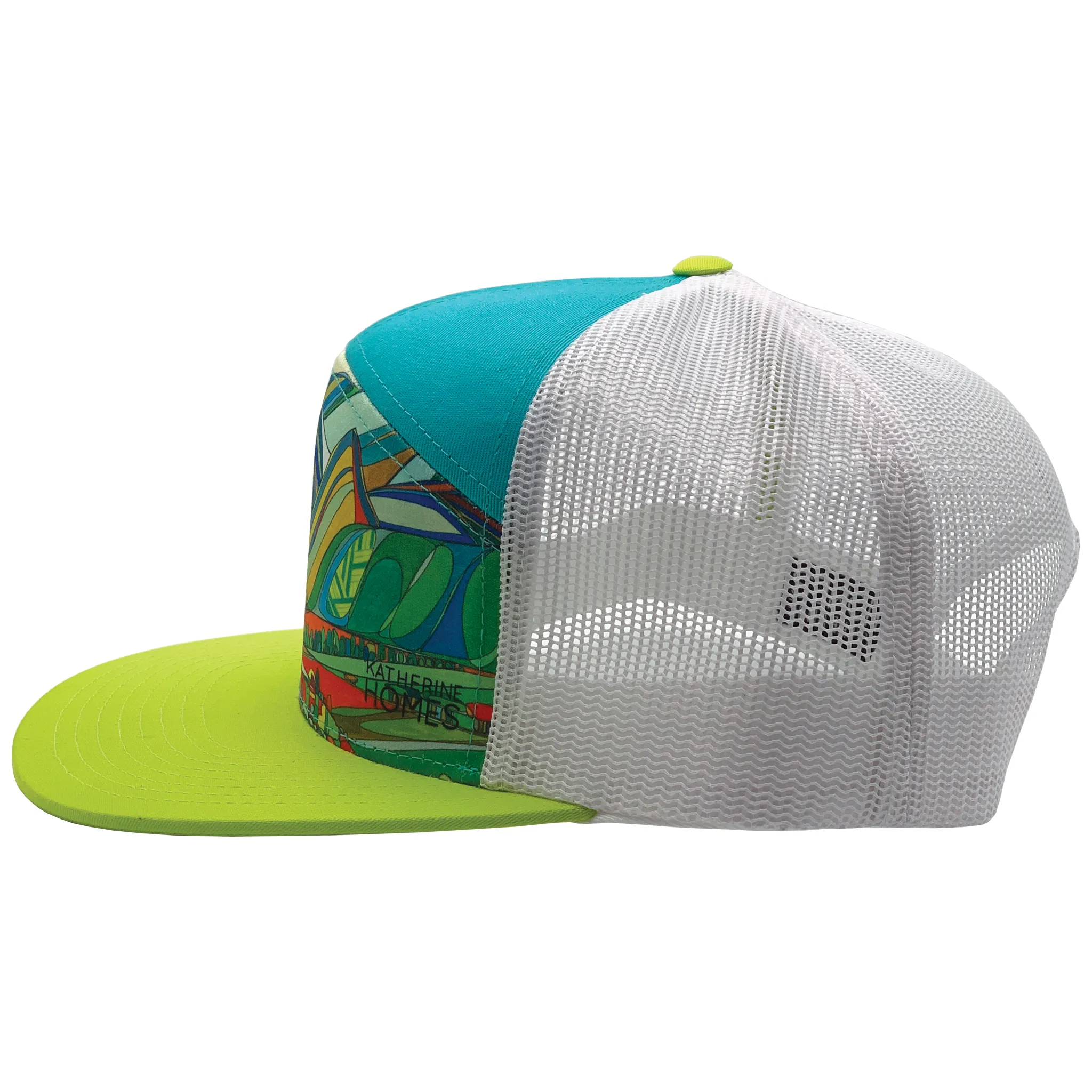 Oh Be Joyful Mountain | 7 Panel Hat | Lime | Aqua | White 100% Recycled Mesh