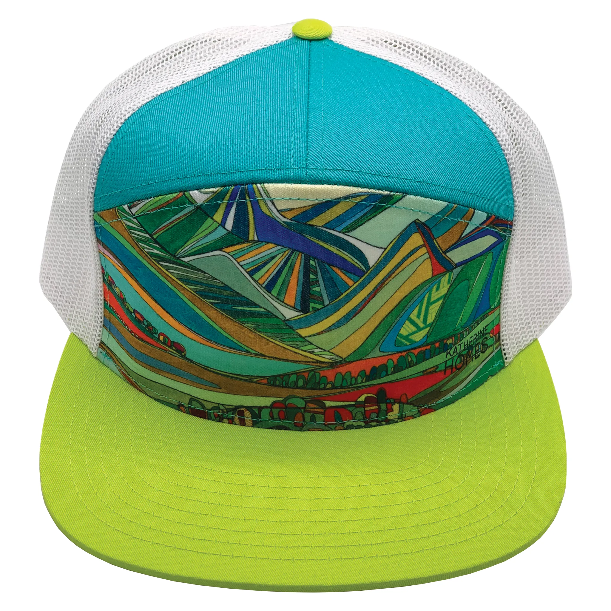 Oh Be Joyful Mountain | 7 Panel Hat | Lime | Aqua | White 100% Recycled Mesh