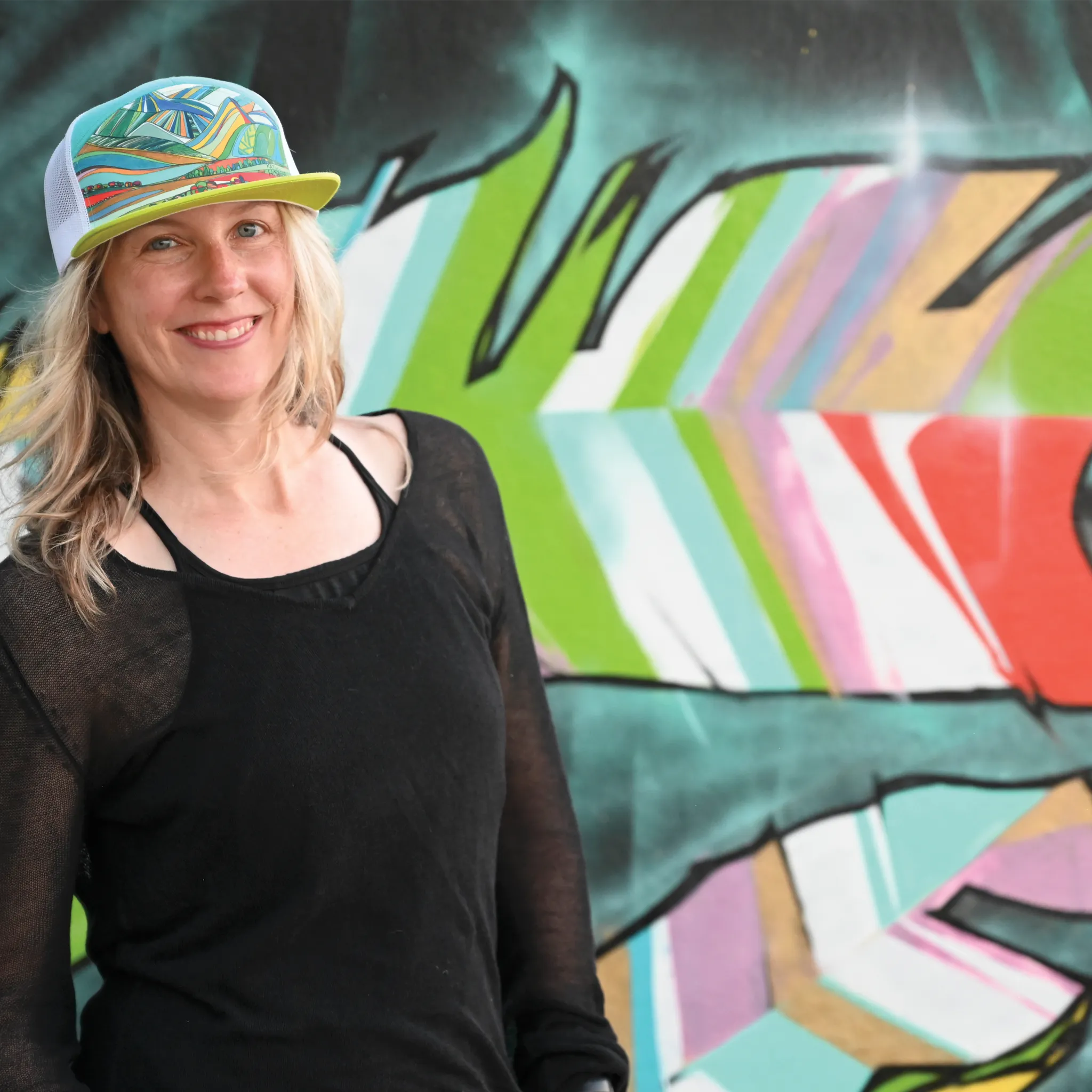 Oh Be Joyful Mountain | 7 Panel Hat | Lime | Aqua | White 100% Recycled Mesh