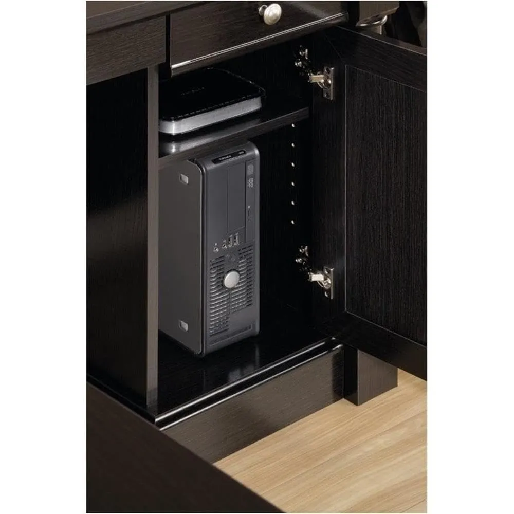 Pemberly Row Contemporary Engineered Wood L-Shaped Computer Desk with 3 Drawers, Flip-Down Panel, Grommet Holes, for Office Space, in Wind Oak Finish
