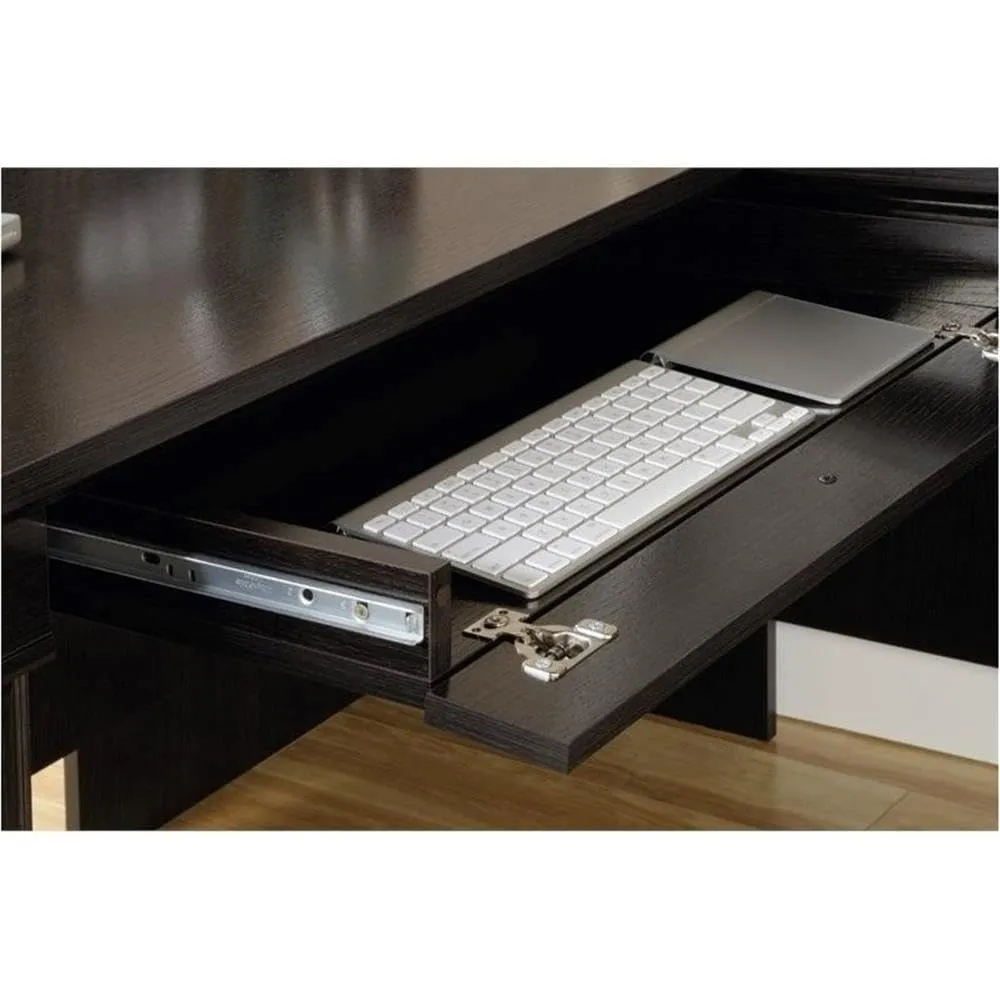 Pemberly Row Contemporary Engineered Wood L-Shaped Computer Desk with 3 Drawers, Flip-Down Panel, Grommet Holes, for Office Space, in Wind Oak Finish