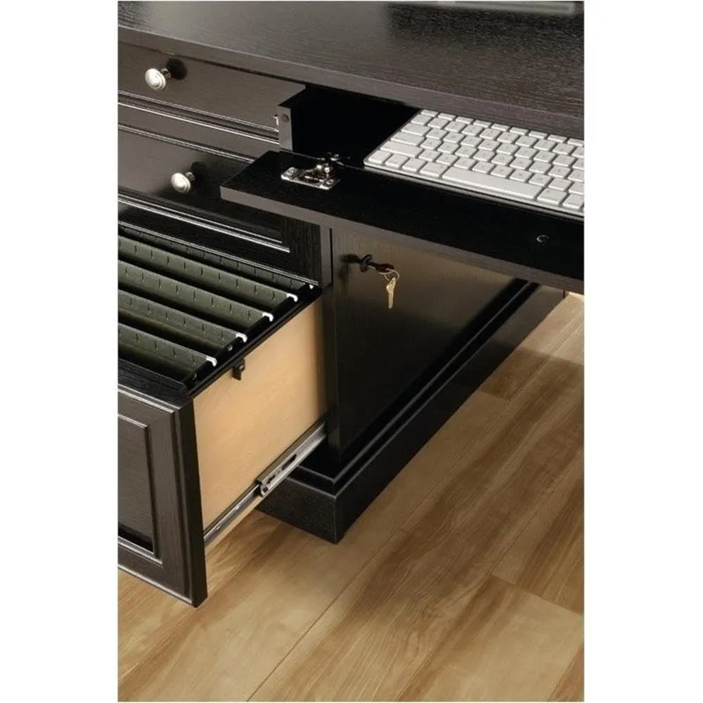 Pemberly Row Contemporary Engineered Wood L-Shaped Computer Desk with 3 Drawers, Flip-Down Panel, Grommet Holes, for Office Space, in Wind Oak Finish