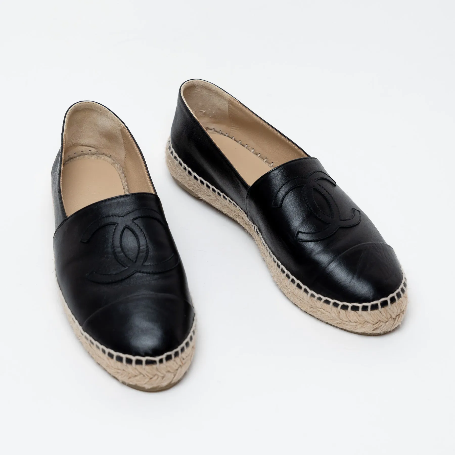 Pre-Loved Chanel™ Black Leather Espadrille Flats Size 38