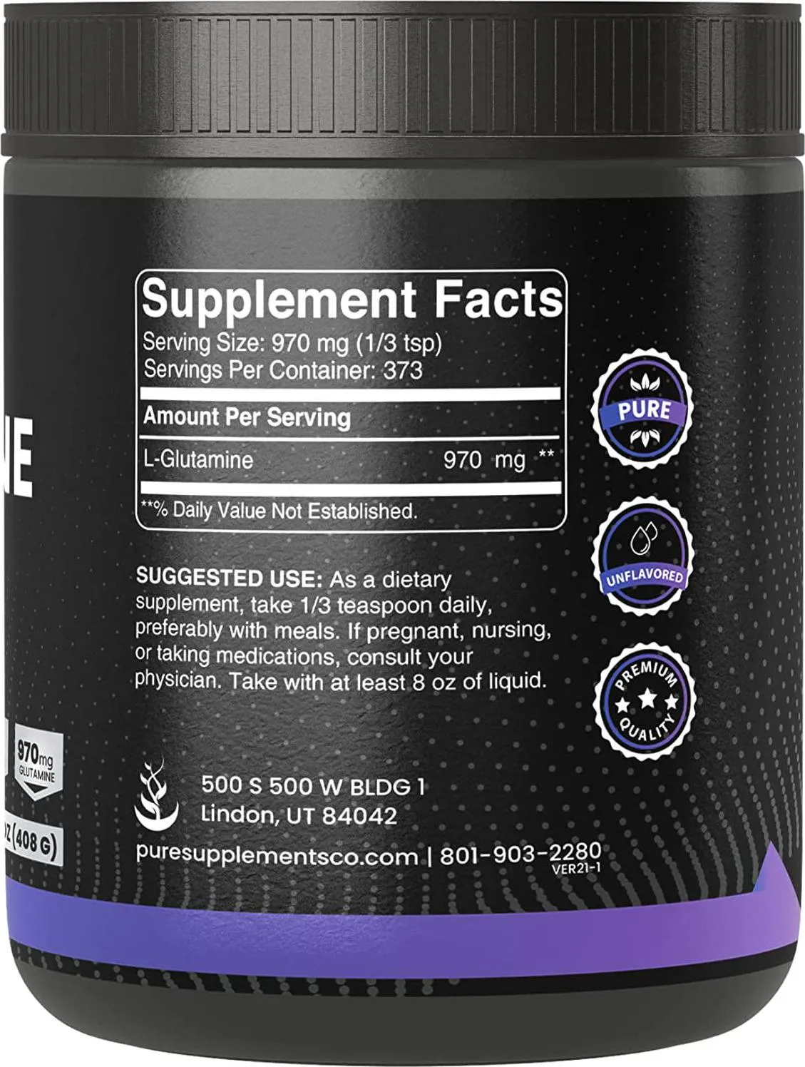 Pure Organic Ingredients L-Glutamine Powder, (12 oz), Natural Amino Acid, Flavorless, Always Pure