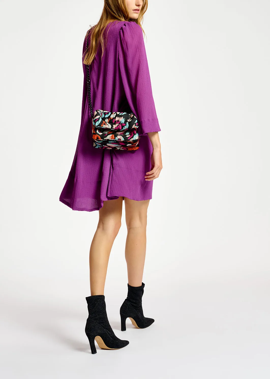 Purple mini dress with padded shoulders