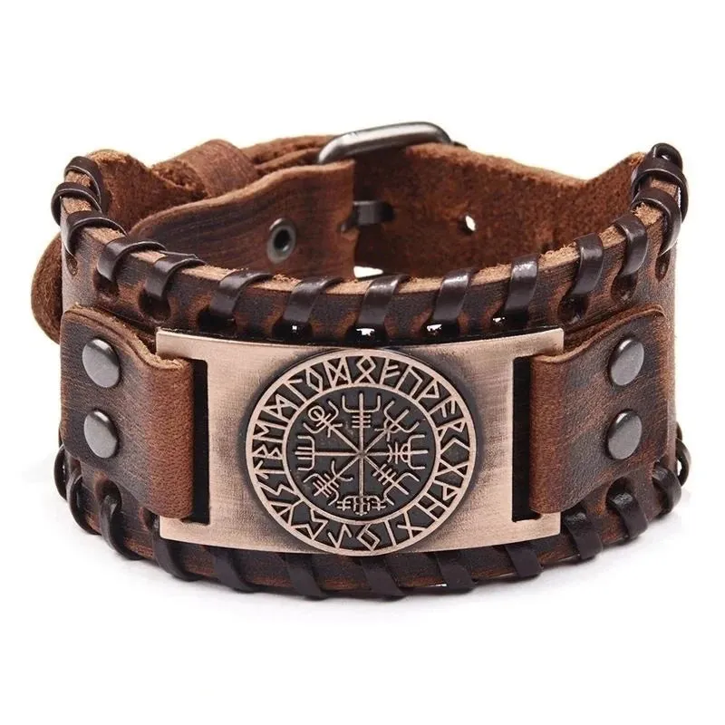 Retro Wide Leather Pirate Compass Bracelet