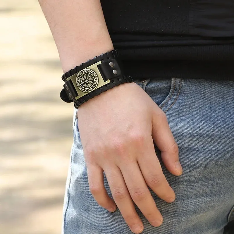 Retro Wide Leather Pirate Compass Bracelet