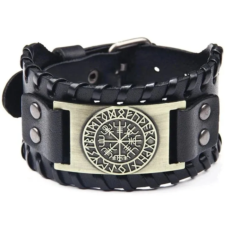 Retro Wide Leather Pirate Compass Bracelet