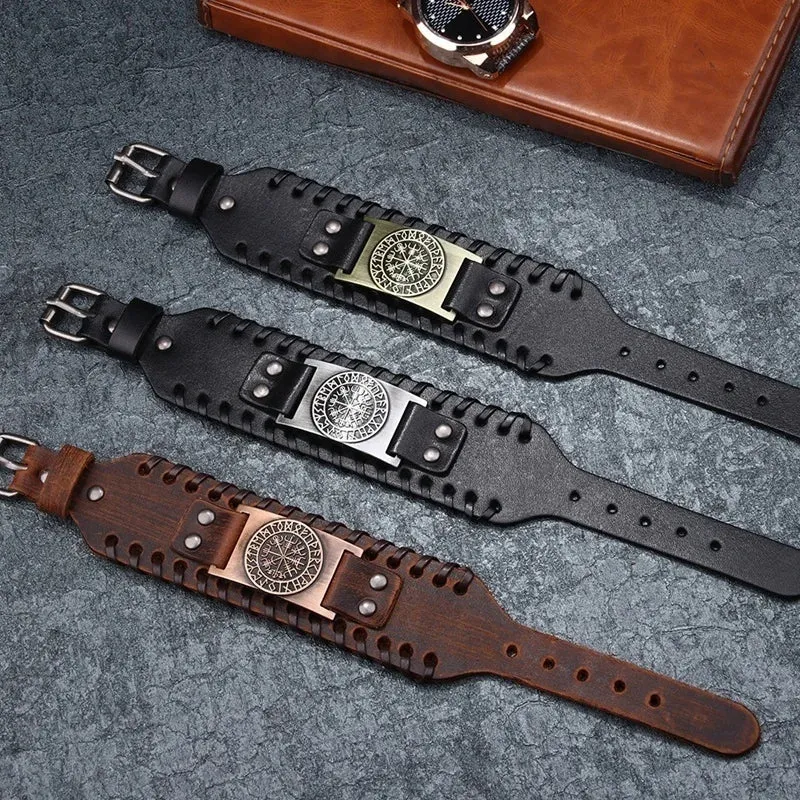 Retro Wide Leather Pirate Compass Bracelet