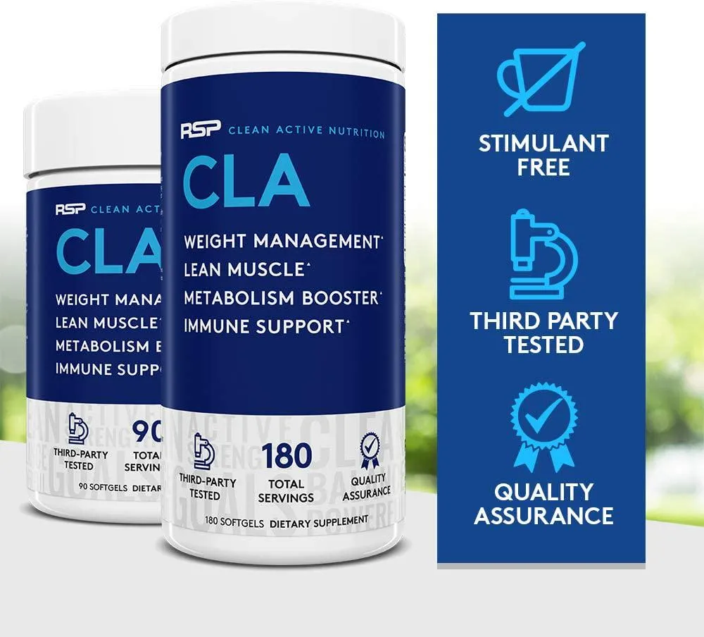RSP Nutrition CLA 1000 Conjugated Linoleic Acid Max Strength Softgels, Natural Stimulant Free Weight Loss Supplement, Fat Burner for Men and Women, 180 Ct. (Packaging May Vary)