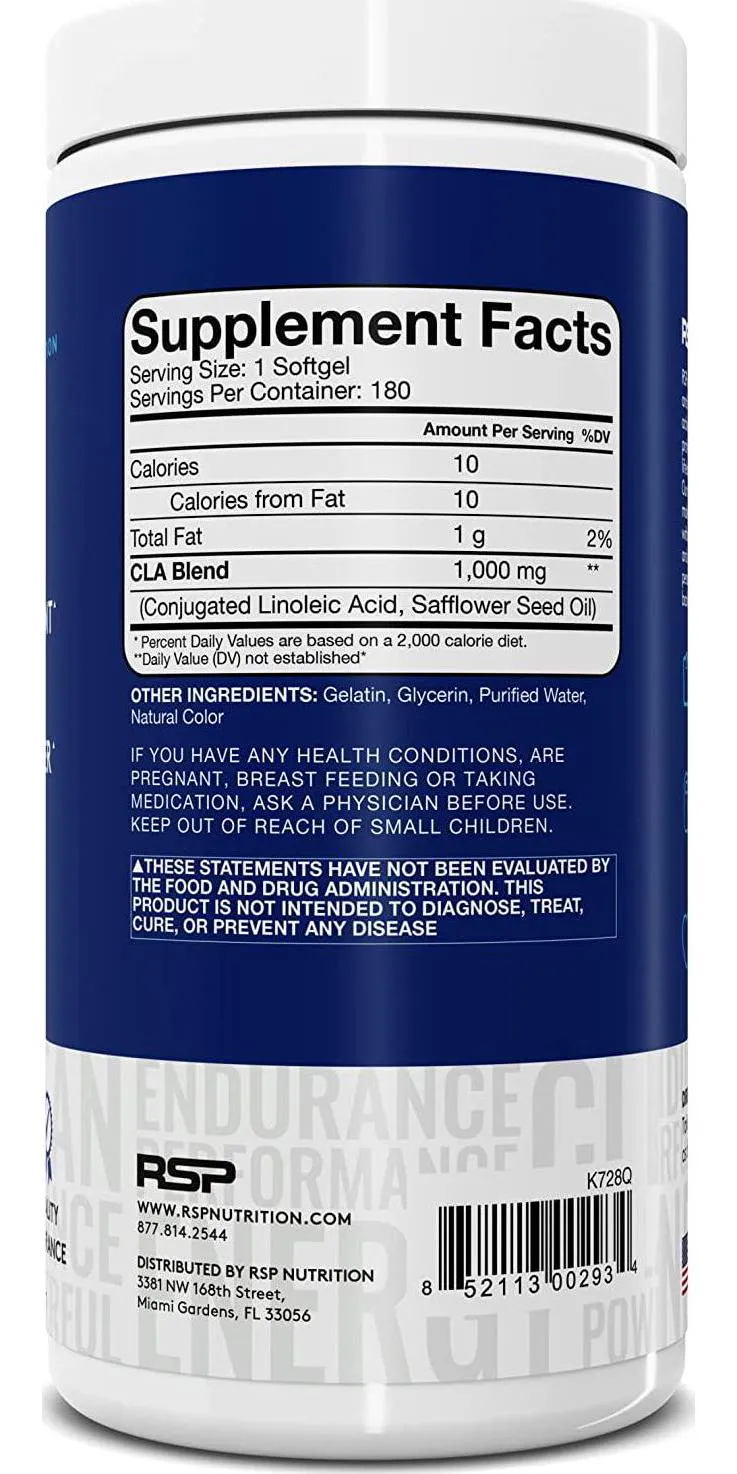 RSP Nutrition CLA 1000 Conjugated Linoleic Acid Max Strength Softgels, Natural Stimulant Free Weight Loss Supplement, Fat Burner for Men and Women, 180 Ct. (Packaging May Vary)