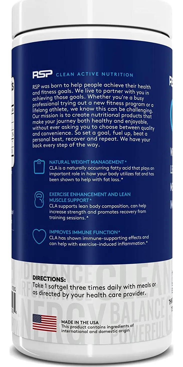 RSP Nutrition CLA 1000 Conjugated Linoleic Acid Max Strength Softgels, Natural Stimulant Free Weight Loss Supplement, Fat Burner for Men and Women, 180 Ct. (Packaging May Vary)