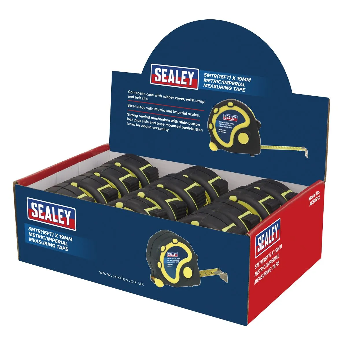 Sealey Rubber Tape Measure 5m(16ft) x 19mm Metric/Imperial Display Box of 12