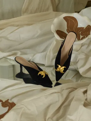Selene Low-Heeled Mules - Black/Gold
