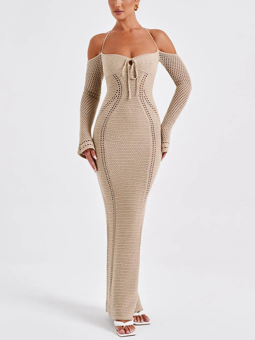 Sexy Backless Suspender Slim Graceful Hollow Long Sleeve Dress