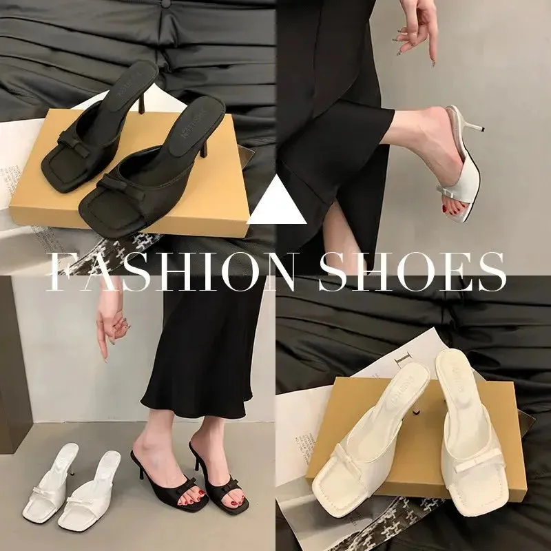 Slipper Mules Low High Heels Shoes   Summer Best Street Look Females Square Head Open Toe Bow Strappy Sandals Women