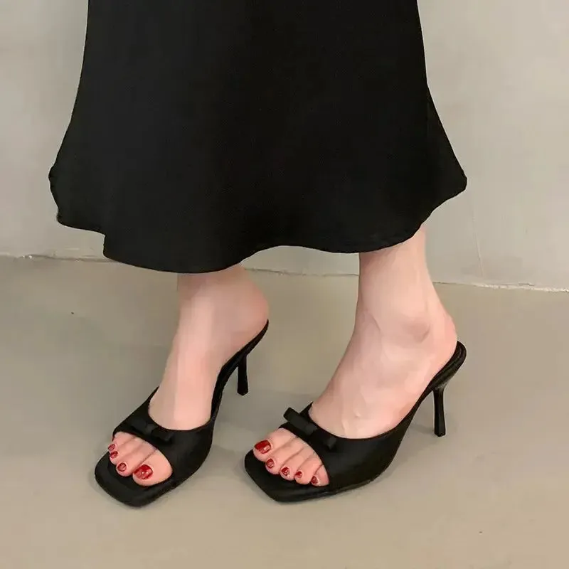 Slipper Mules Low High Heels Shoes   Summer Best Street Look Females Square Head Open Toe Bow Strappy Sandals Women