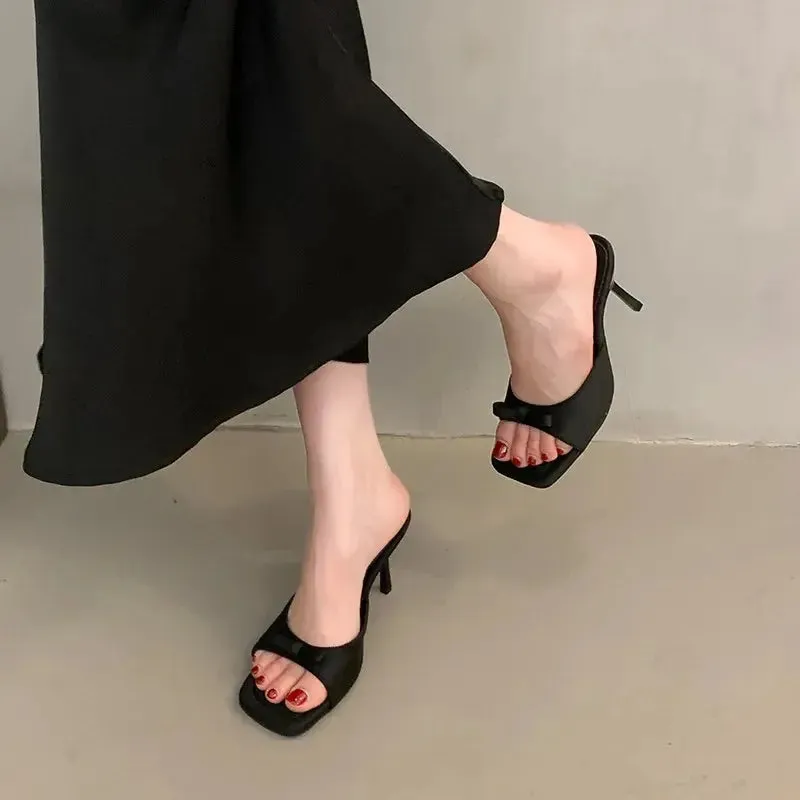 Slipper Mules Low High Heels Shoes   Summer Best Street Look Females Square Head Open Toe Bow Strappy Sandals Women