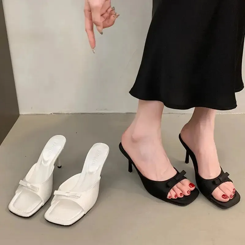 Slipper Mules Low High Heels Shoes   Summer Best Street Look Females Square Head Open Toe Bow Strappy Sandals Women