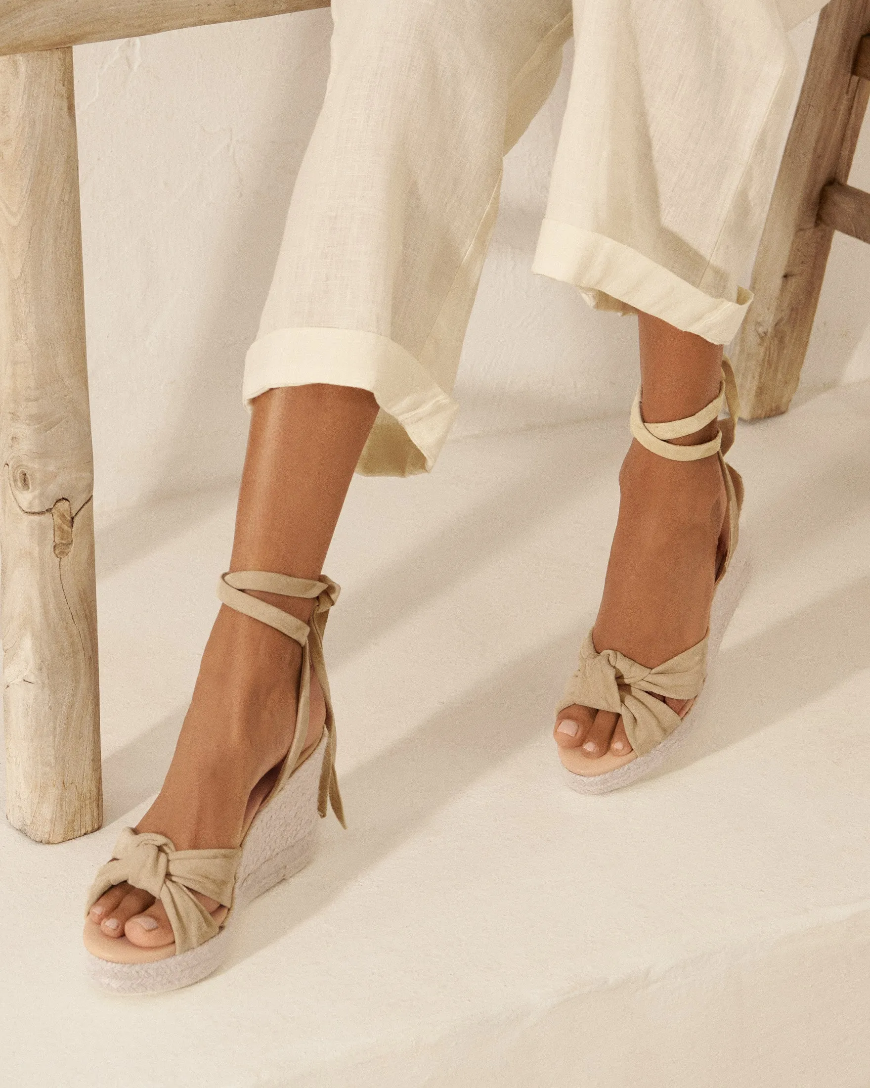 Soft Suede Wedge Espadrilles With Knot - M11WS - Hamptons Champagne Beige
