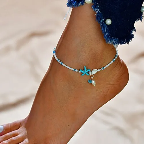 Softones Blue Starfish Turtle Anklet Multilayer Charm Beads Sea Handmade Boho Anklet Foot Jewelry for Women