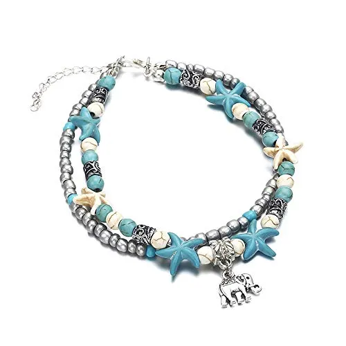Softones Blue Starfish Turtle Anklet Multilayer Charm Beads Sea Handmade Boho Anklet Foot Jewelry for Women