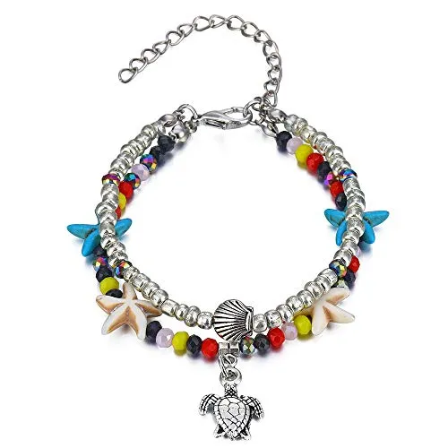 Softones Blue Starfish Turtle Anklet Multilayer Charm Beads Sea Handmade Boho Anklet Foot Jewelry for Women