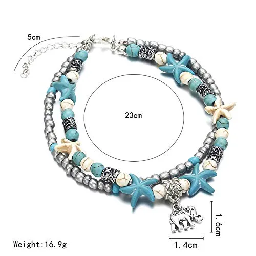 Softones Blue Starfish Turtle Anklet Multilayer Charm Beads Sea Handmade Boho Anklet Foot Jewelry for Women