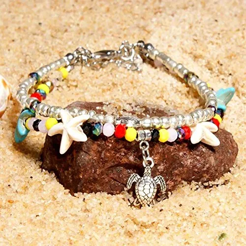 Softones Blue Starfish Turtle Anklet Multilayer Charm Beads Sea Handmade Boho Anklet Foot Jewelry for Women